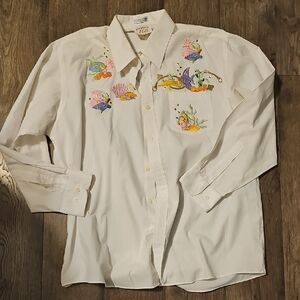 VINTAGE FISH Shirt TIA White Patches Sea Ocean Casual Large Long Sleeve 90s